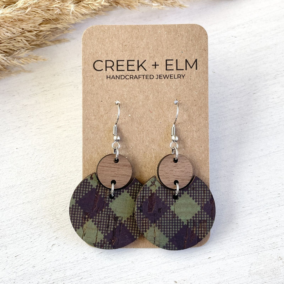 cork and walnut green buffalo plaid cutout earrings