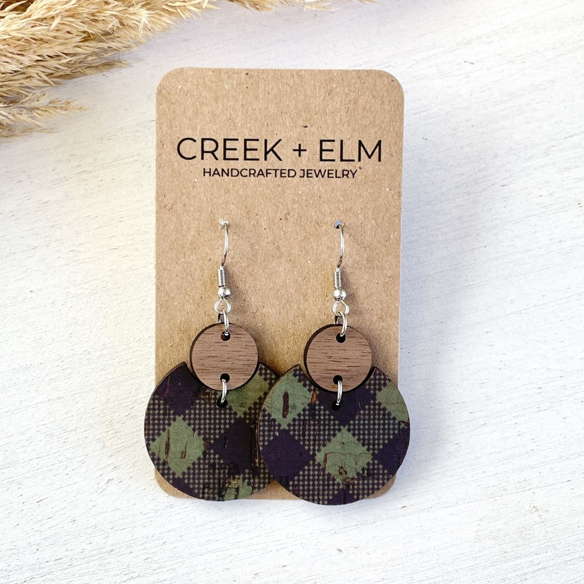 green buffalo check statement christmas earrings