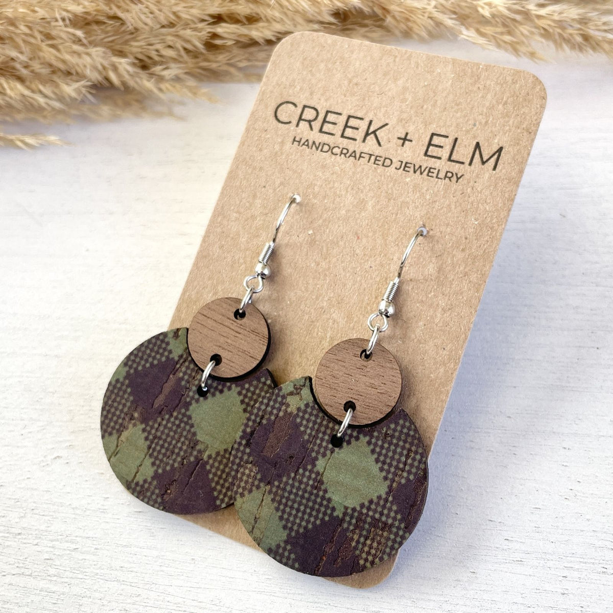 green buffalo plaid cork and walnut statement earrings