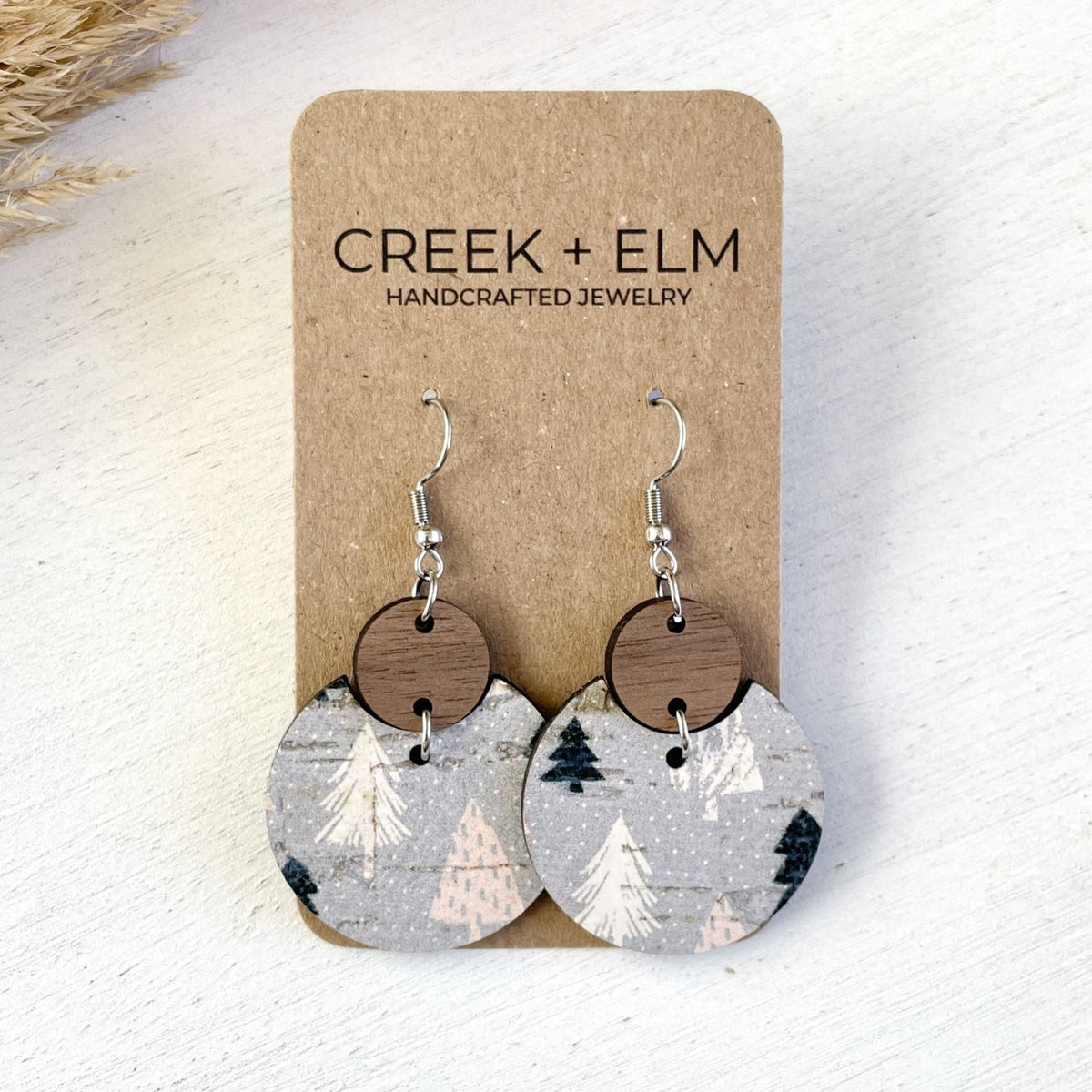 cork earrings in winter christmas woodsy pattern