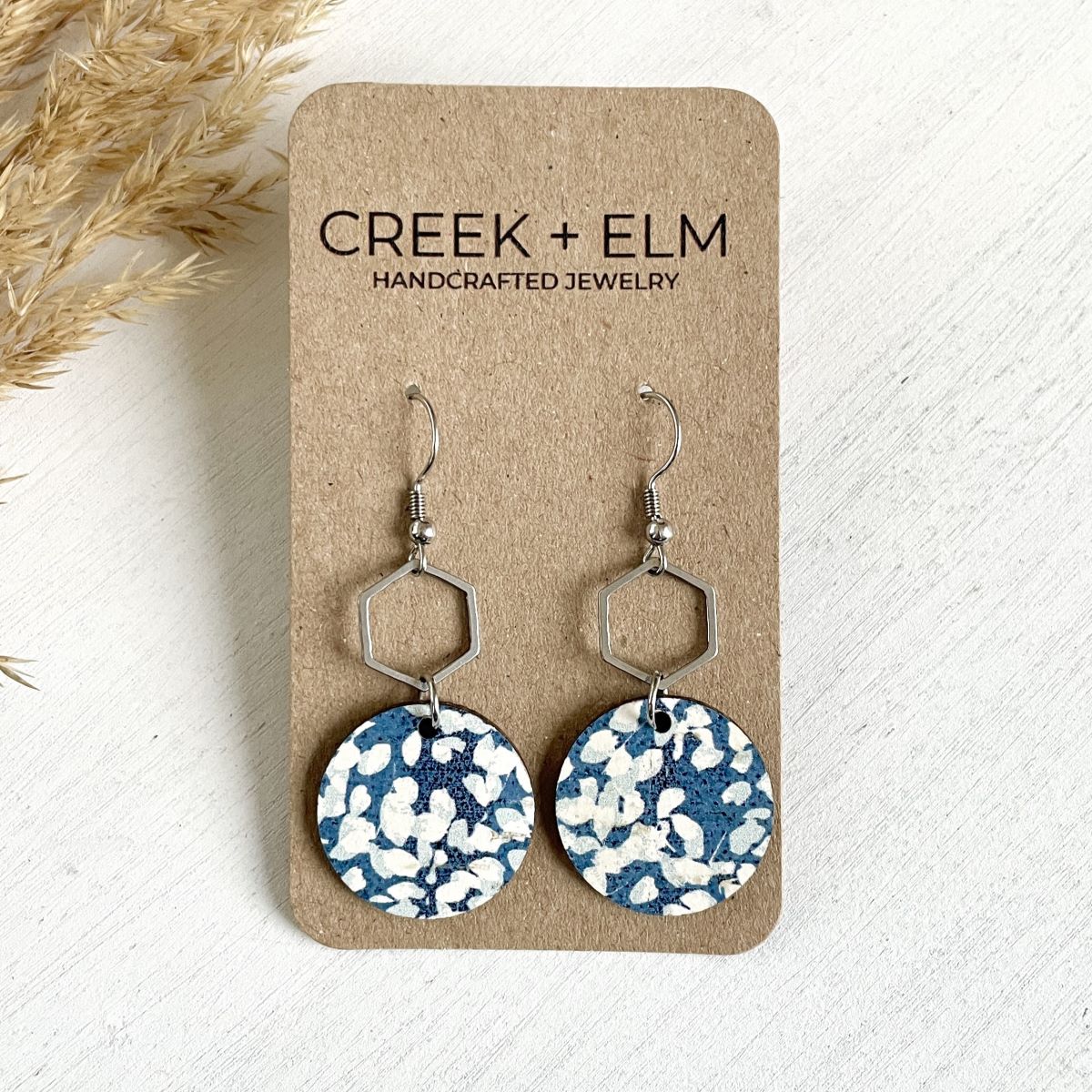 Elizabeth Cork + Hexagon Earrings-Blue Dots