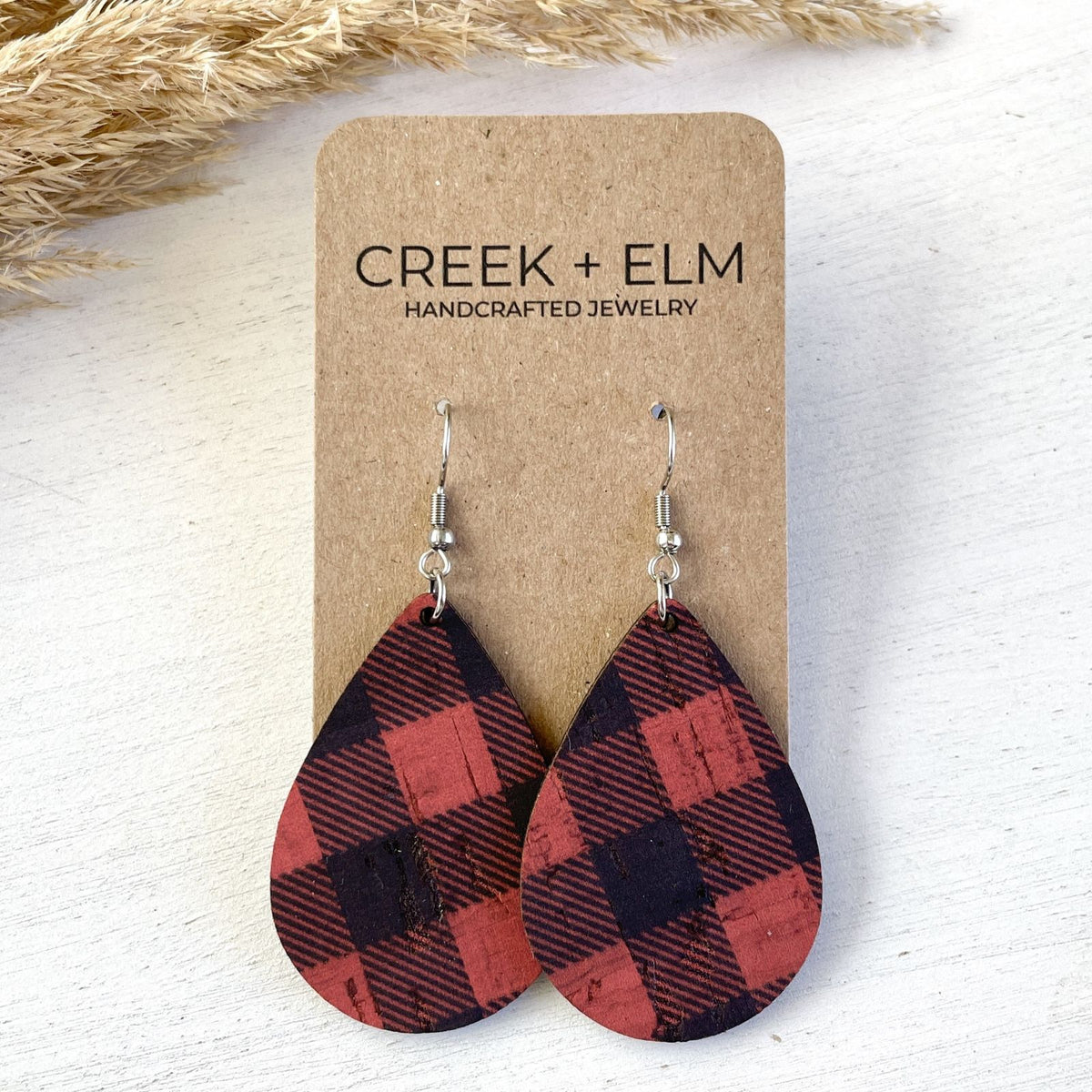 red buffalo plaid cork teardrop earrings