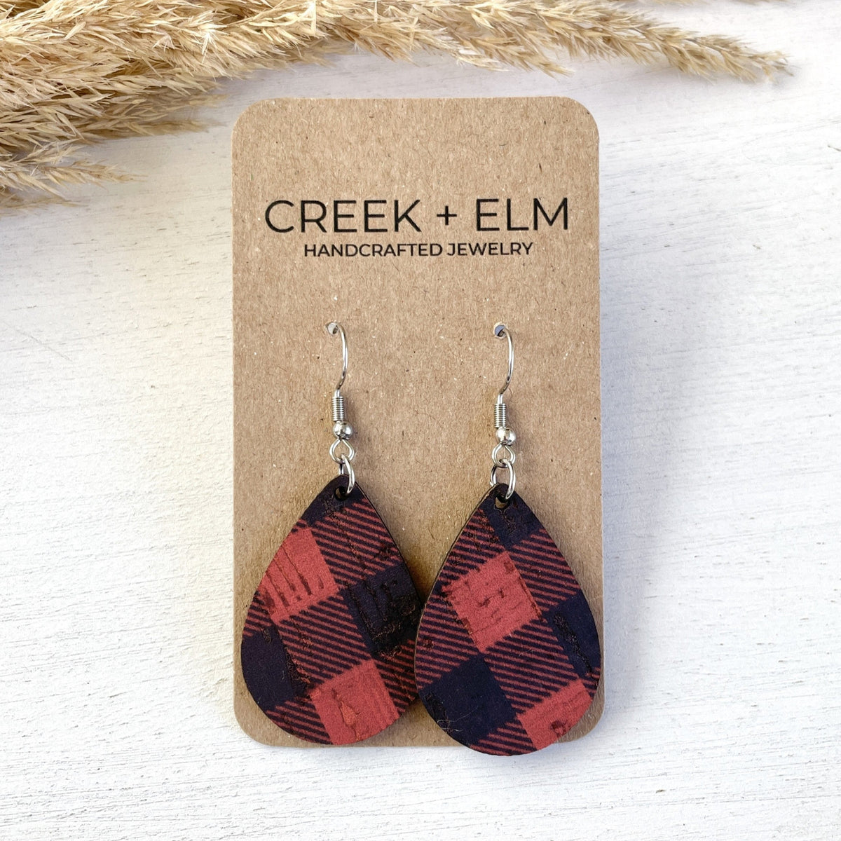 red and black plaid cork teardrop earrings