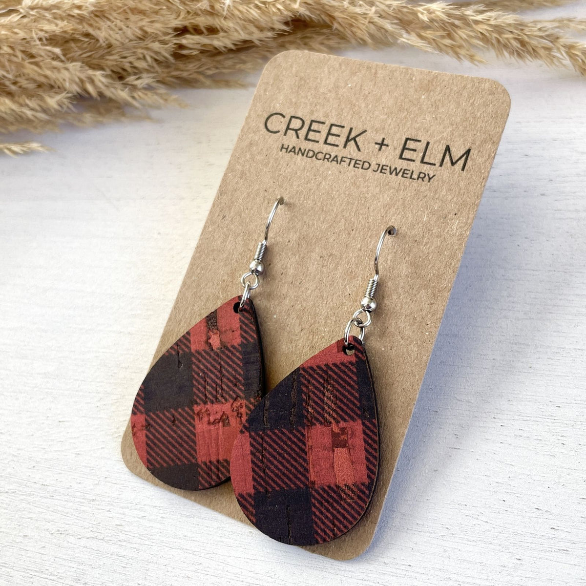 red buffalo plaid cork christmas earrings