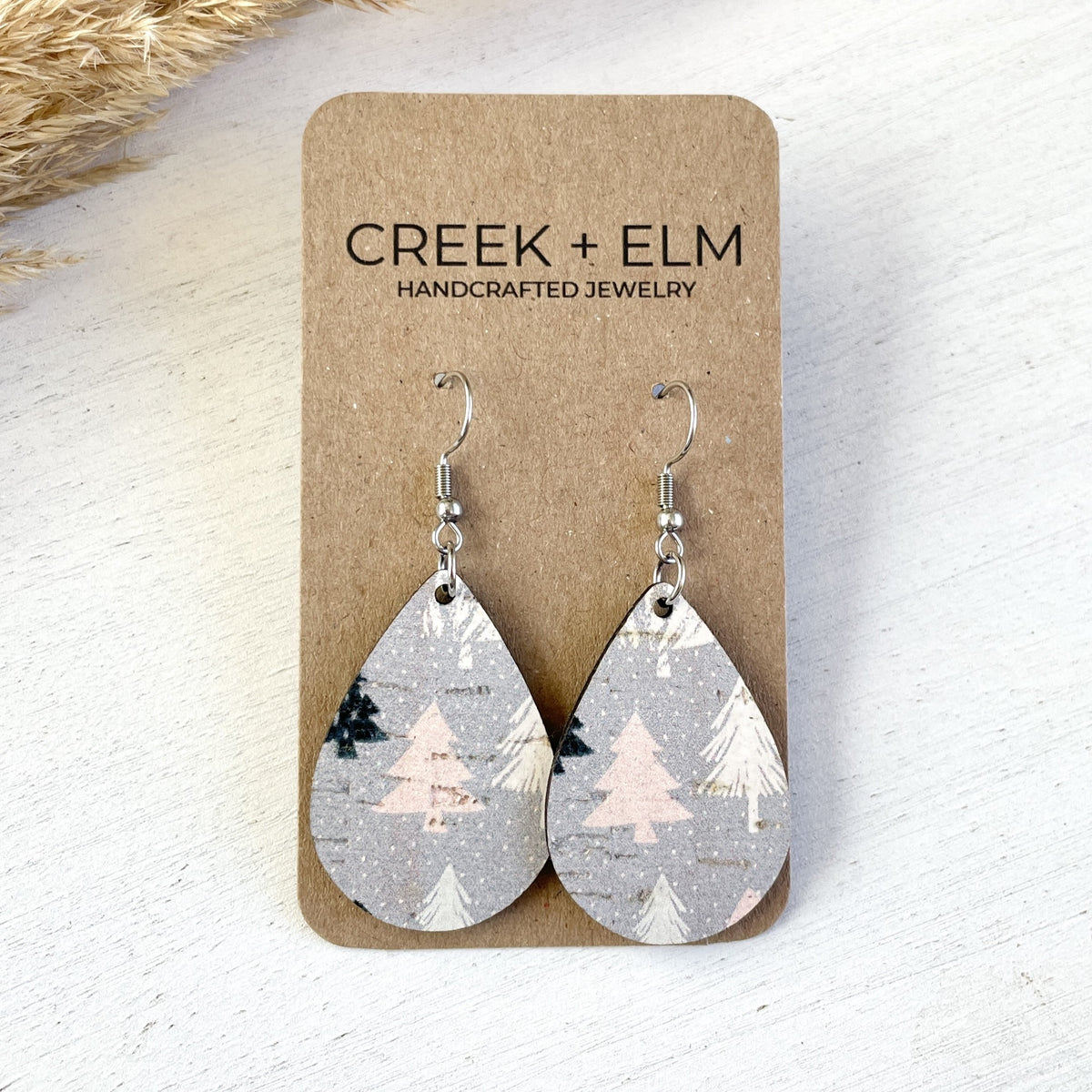 cork teardrop pine tree statement earrings