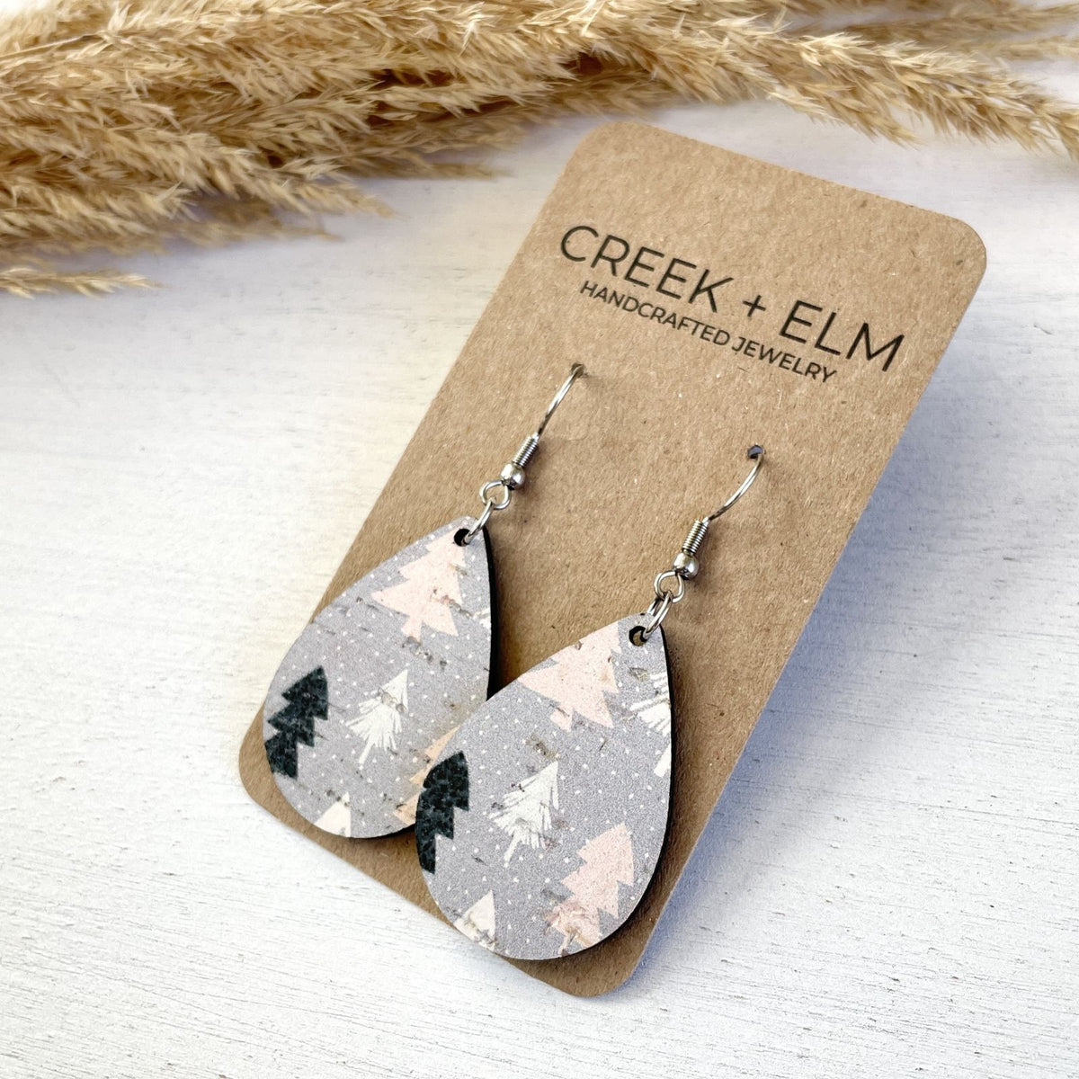 cork teardrop pine tree earrings
