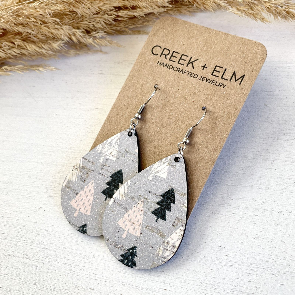 evergreen cork pattern on teardrop statement earrings