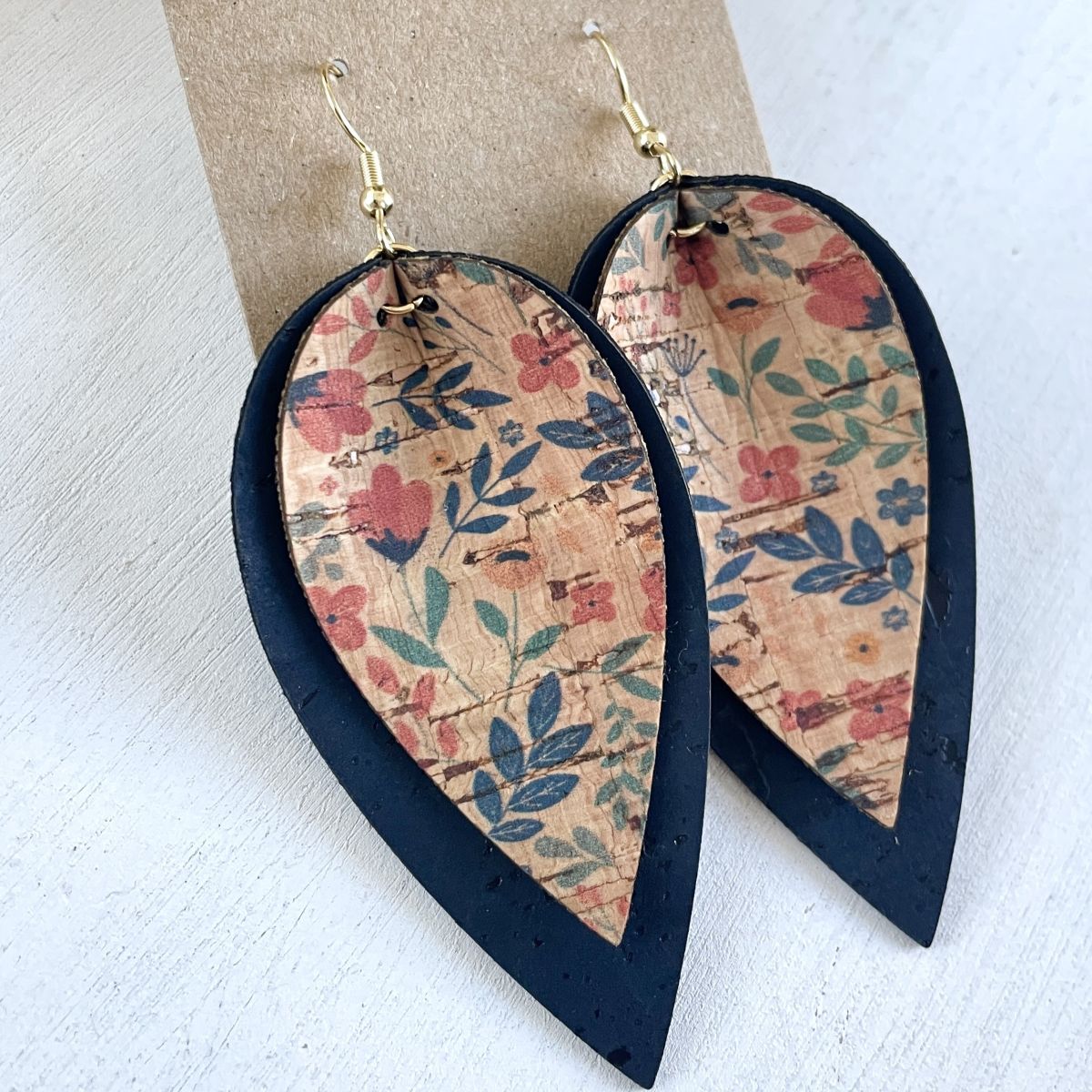 Lainey Navy Petite Floral Cork Leaf Earrings