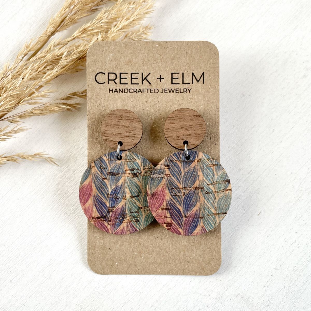 Pair of lightweight pastel braided cork drop earrings with walnut wood accents