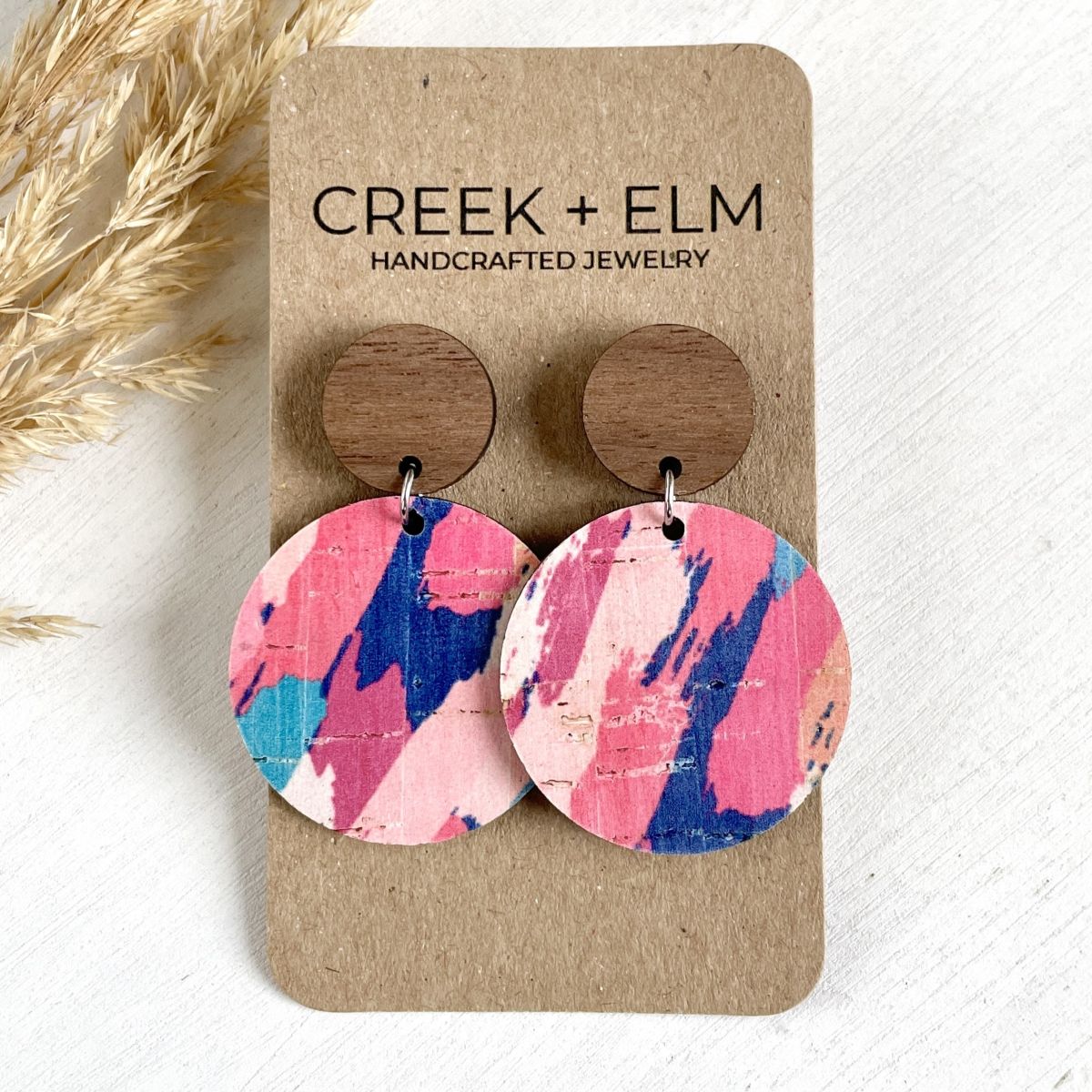 Liyra Cork + Walnut Wood Circle Earrings- Summer Sunset