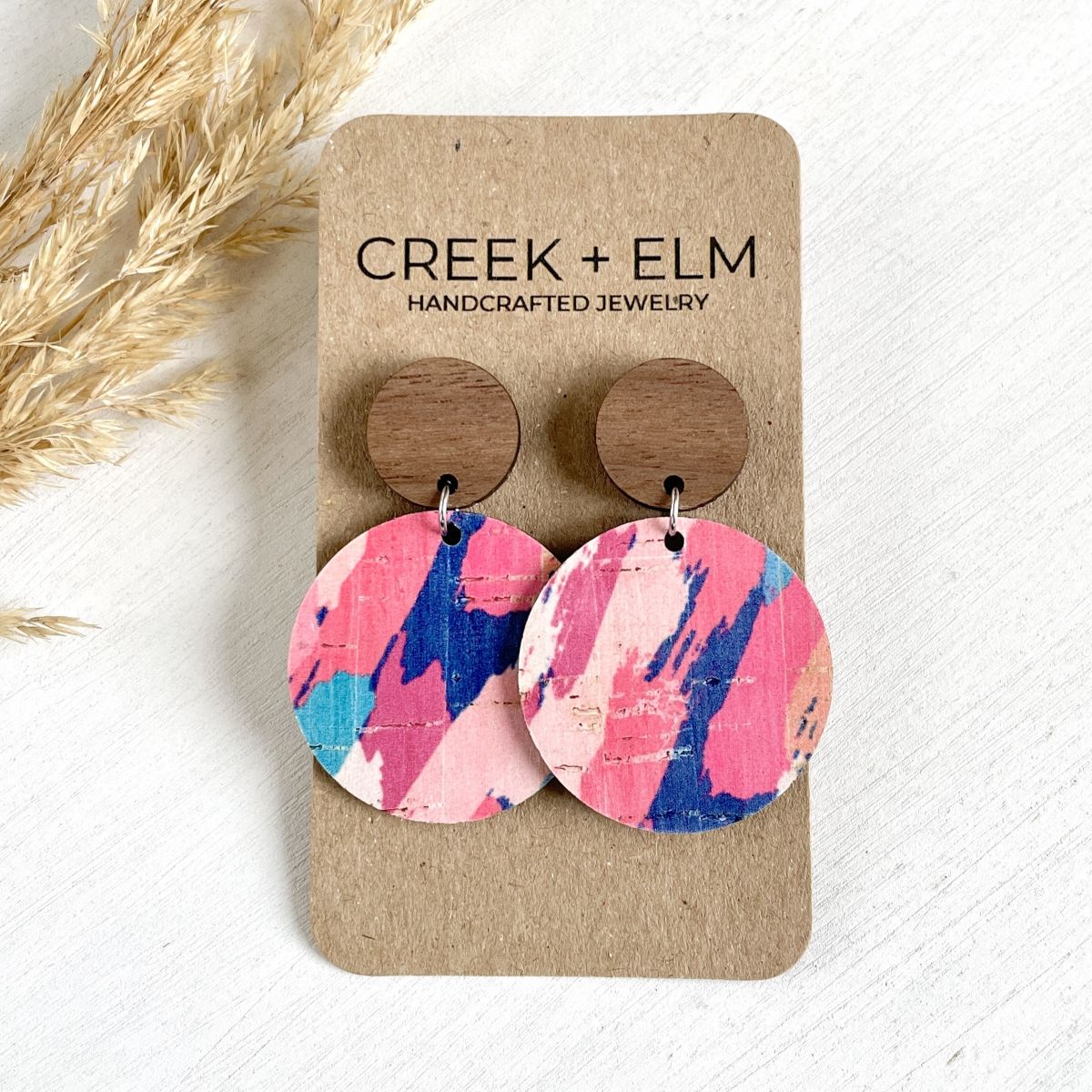 Liyra Cork + Walnut Wood Circle Earrings- Summer Sunset