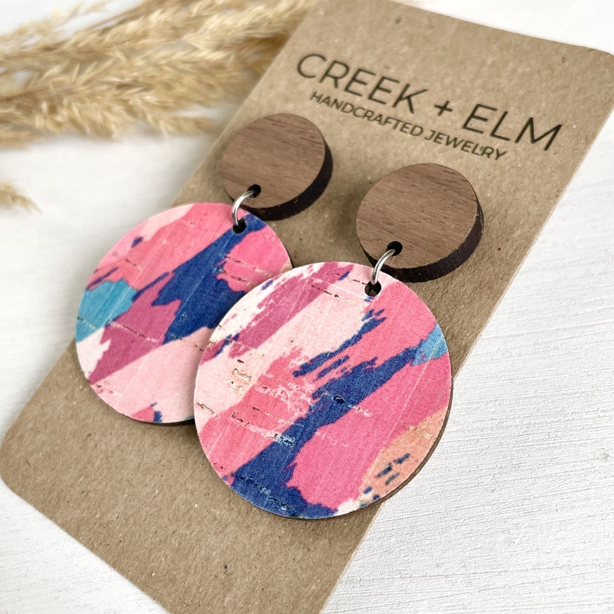 Liyra Cork + Walnut Wood Circle Earrings- Summer Sunset