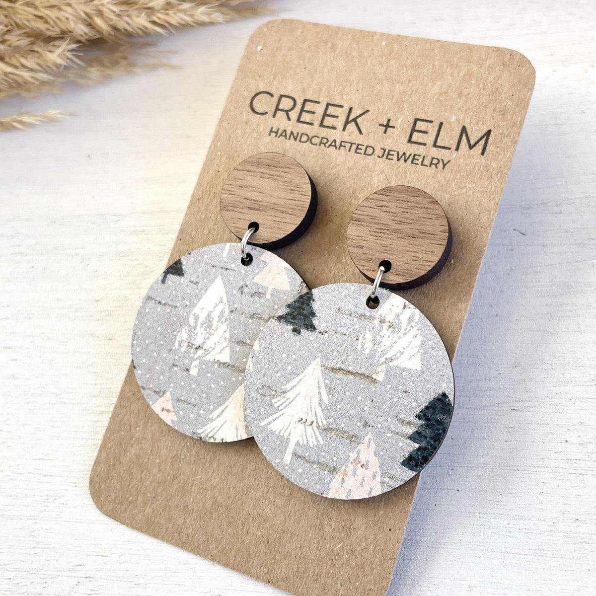 liyra winter woods cork and walnut circle earrings