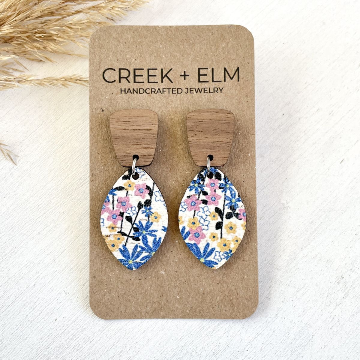 Lorelei heirloom floral cork and walnut leaf earrings with elongated shape