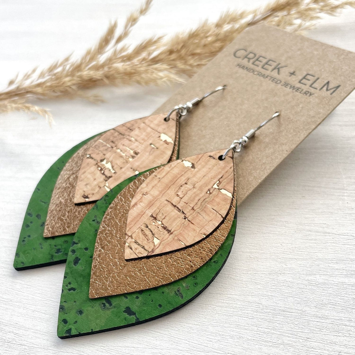 green, natural cork big statement earrings