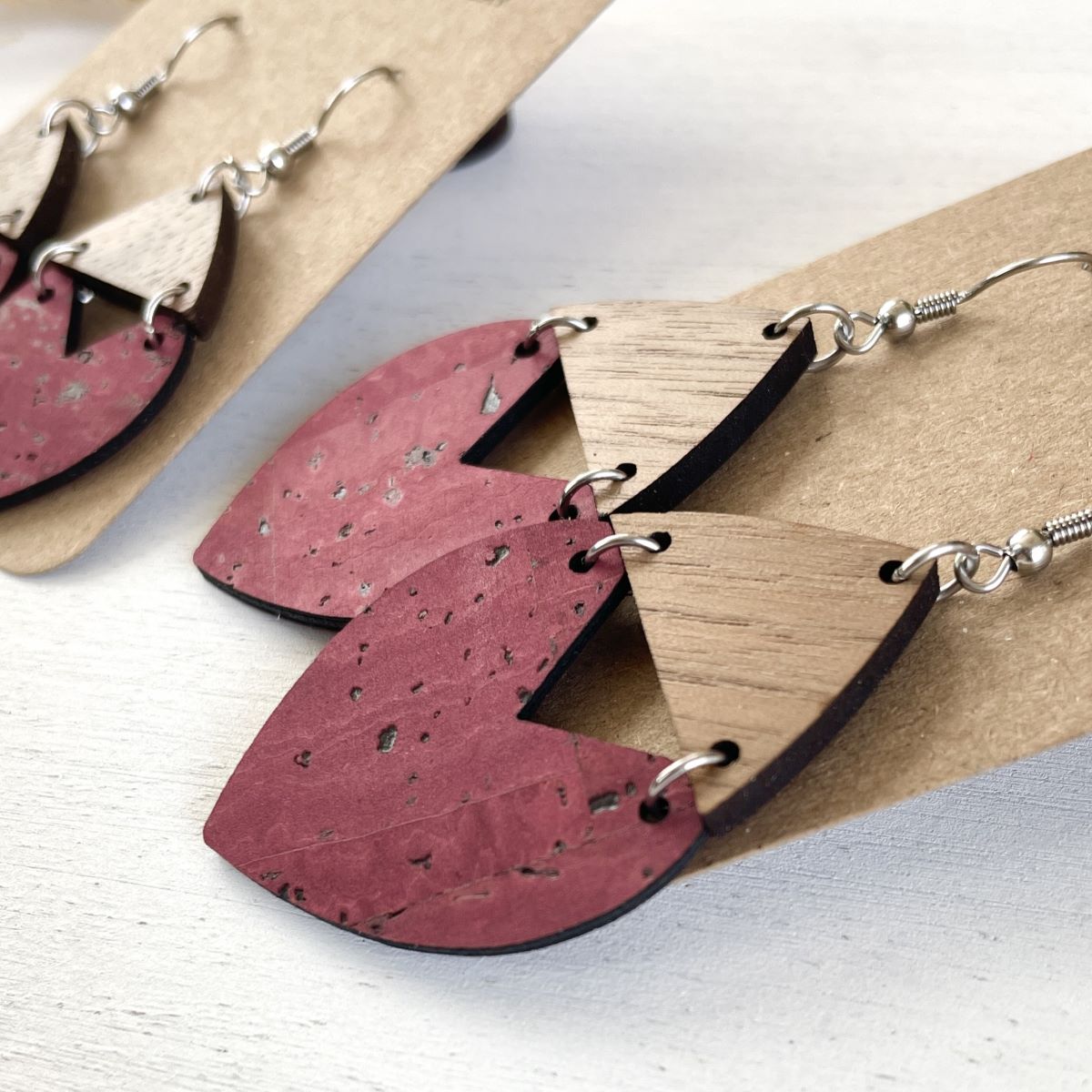 Scarlett Cork + Wood Heart Earrings- Red Wine