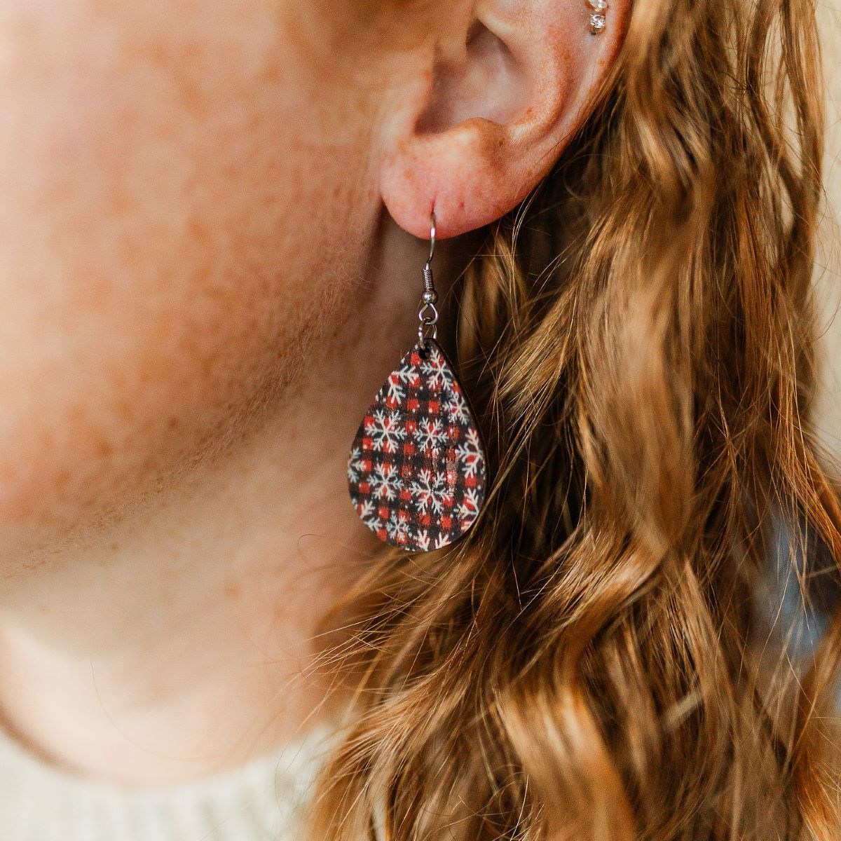 Teardrop Cork Earrings- Snowflakes
