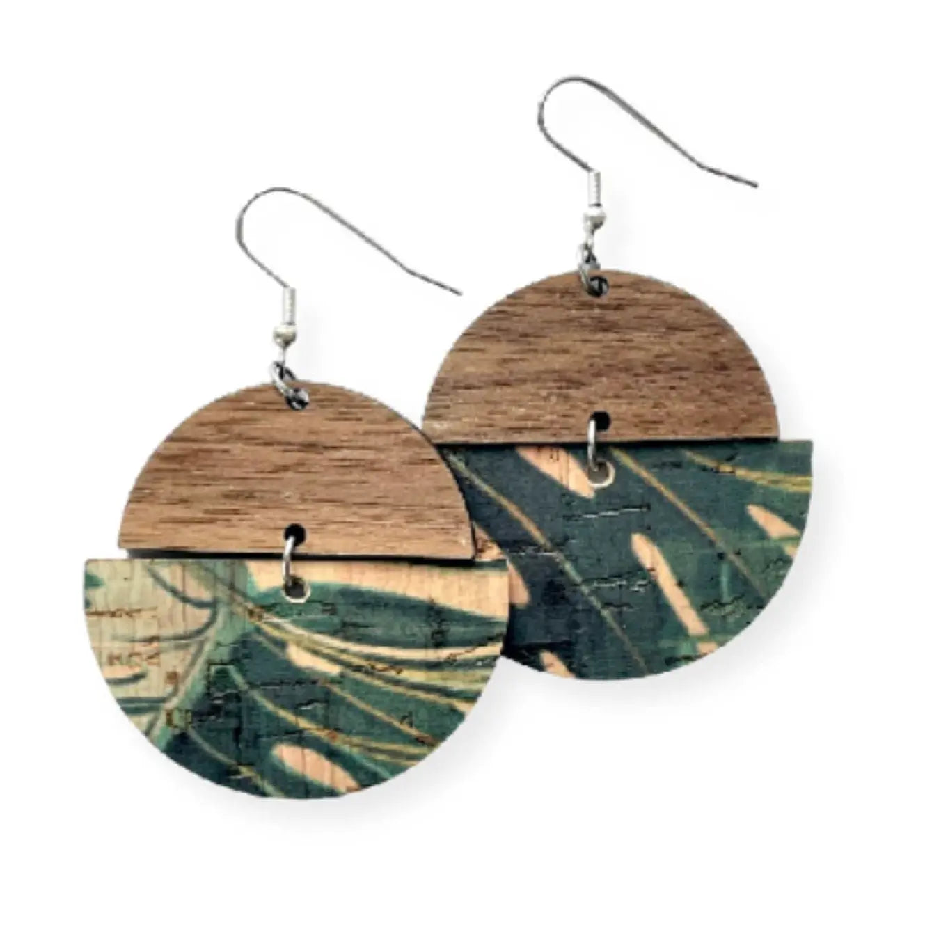 Everly Cork and Wood Handcrafted Round Earrings-Monstera Leaves