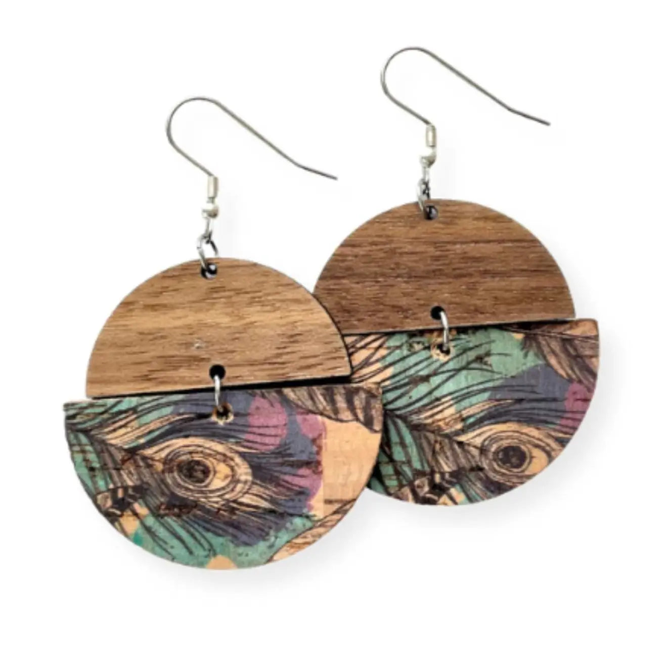 Everly Cork and Wood Handcrafted Round Earrings-Peacock Feather