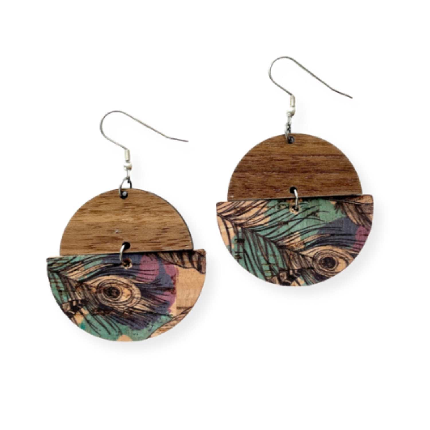 Everly Cork and Wood Handcrafted Round Earrings-Peacock Feather