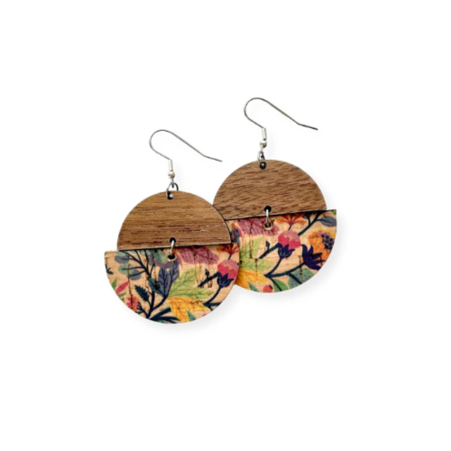 Everly Cork and Wood Handcrafted Round Earrings-Tropical Floral