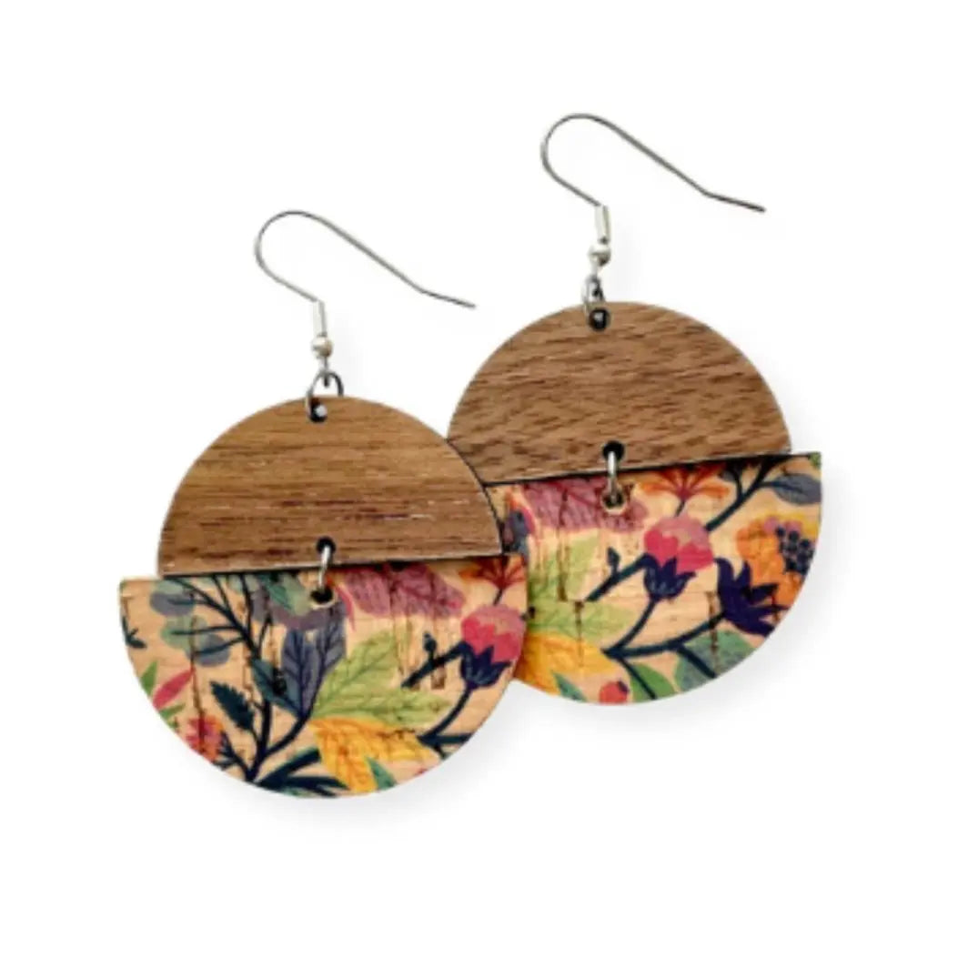 Everly Cork and Wood Handcrafted Round Earrings-Tropical Floral