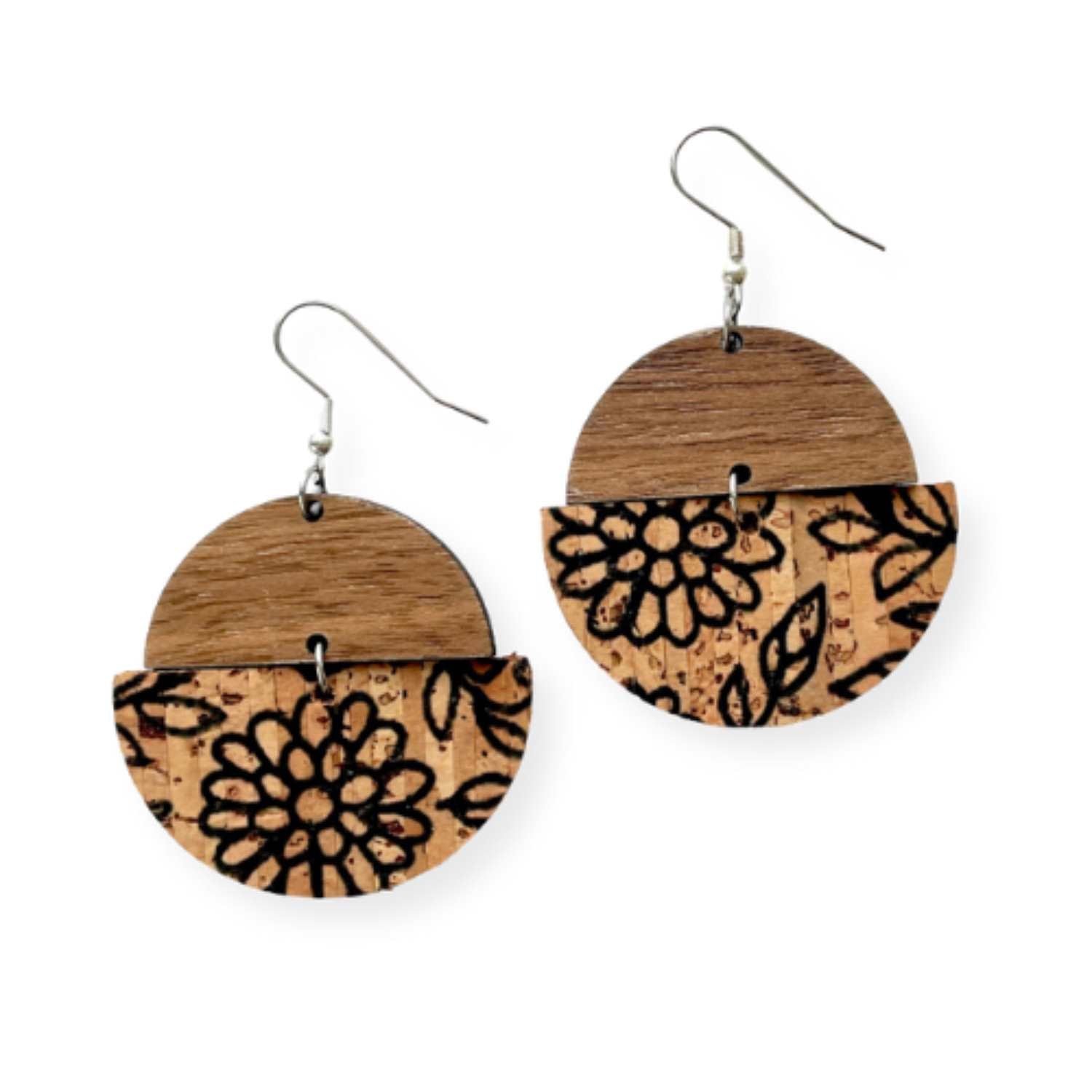 Everly Cork and Wood Handcrafted Round Earrings-Black Floral