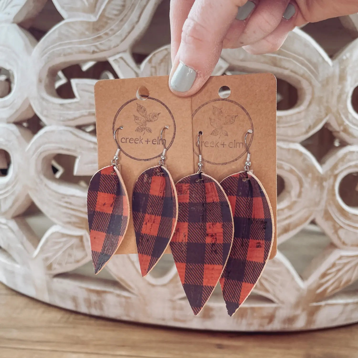 Henley Red Buffalo Plaid Cork Dangly Leaf Earrings Creek + Elm