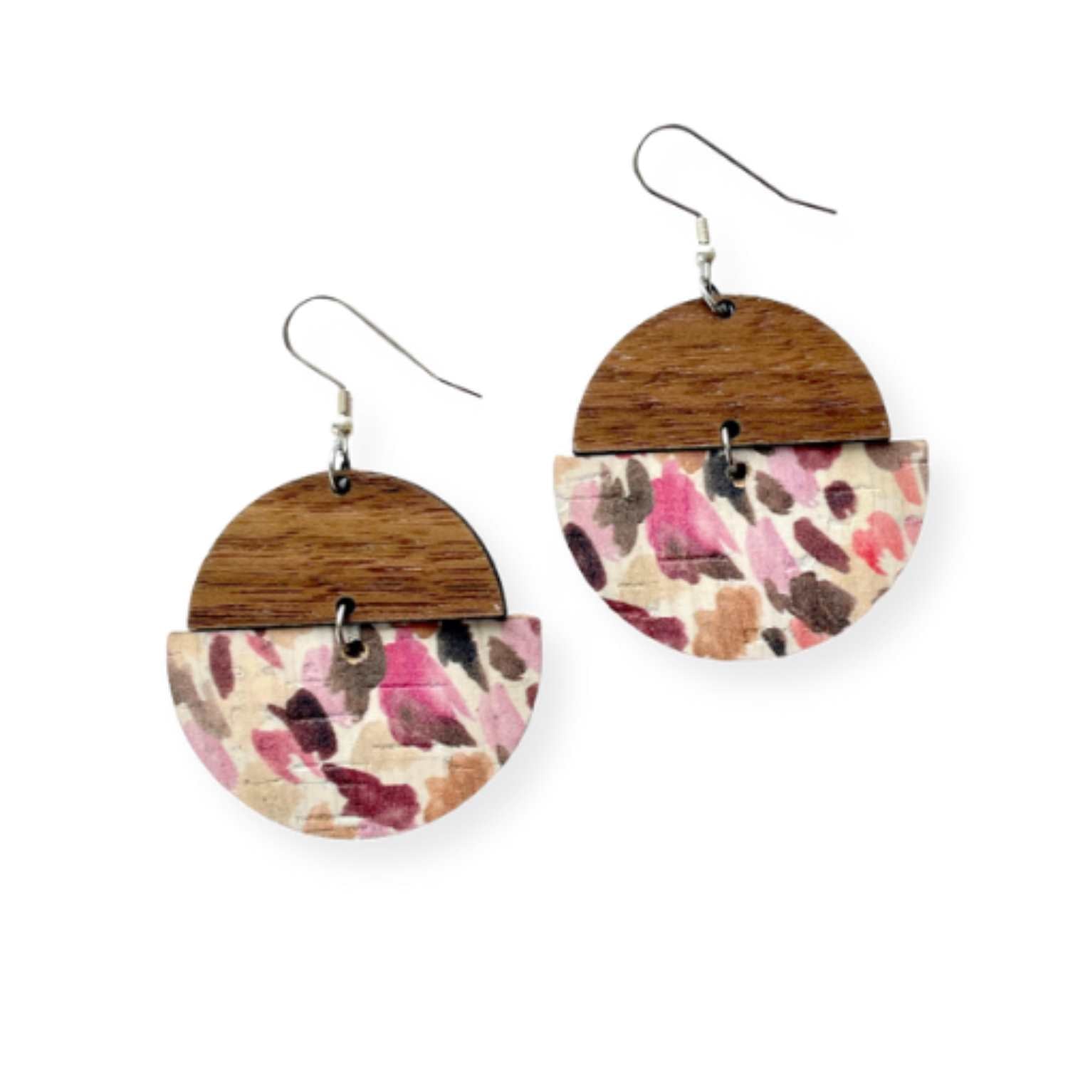 Everly Cork and Wood Handcrafted Round Earrings-Brushed Pastel