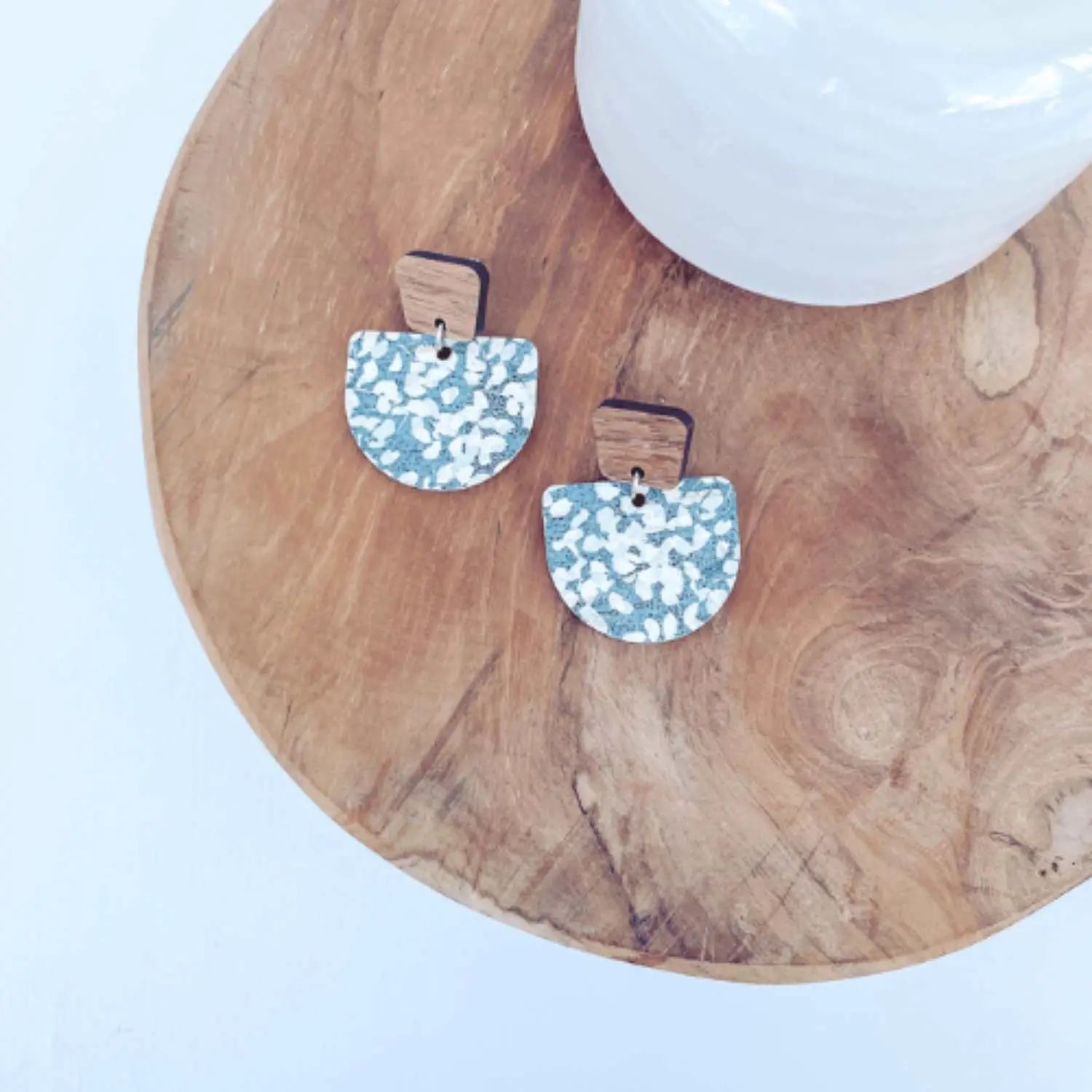 Charlie Walnut Wood and Cork Earrings-Blue Dots