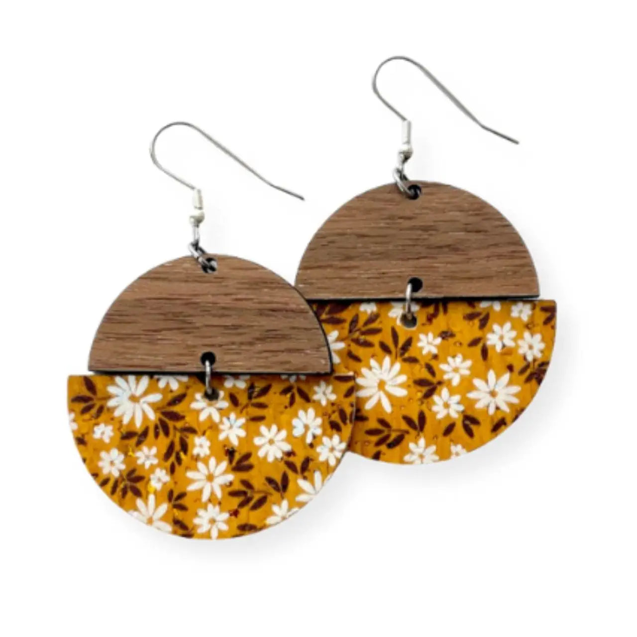 Everly Cork and Wood Handcrafted Round Earrings-Floral Mustard