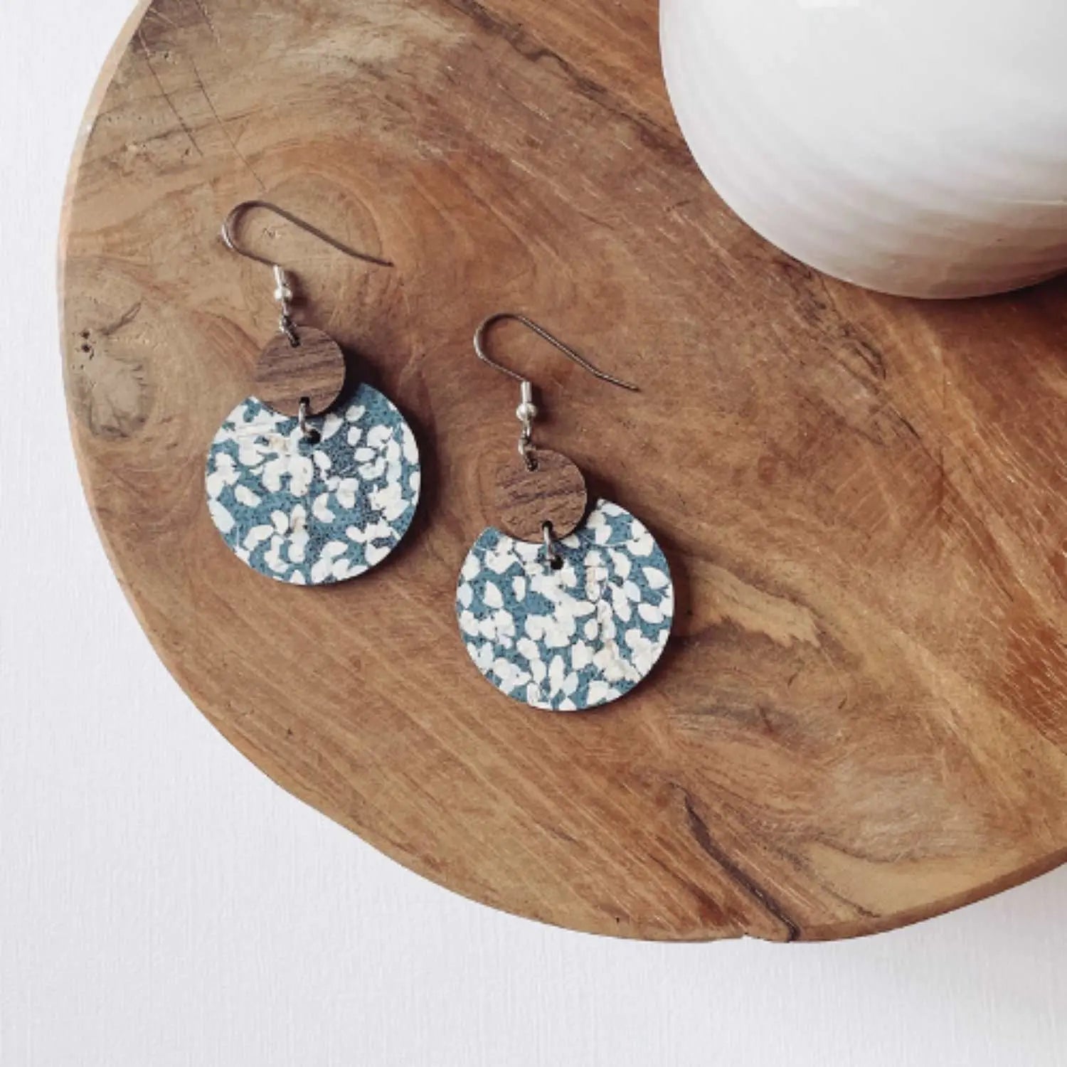 Cora Walnut Wood and Cork Earrings-Blue Dots