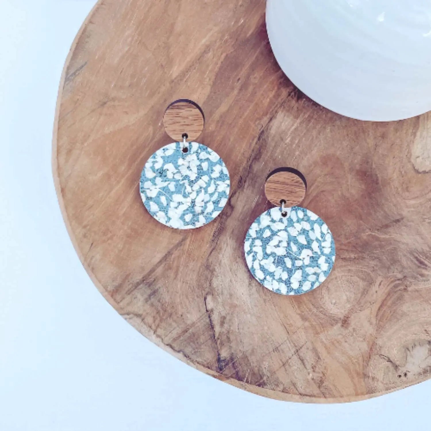 Liyra Cork and Walnut Wood Circle Earrings-Blue Dots