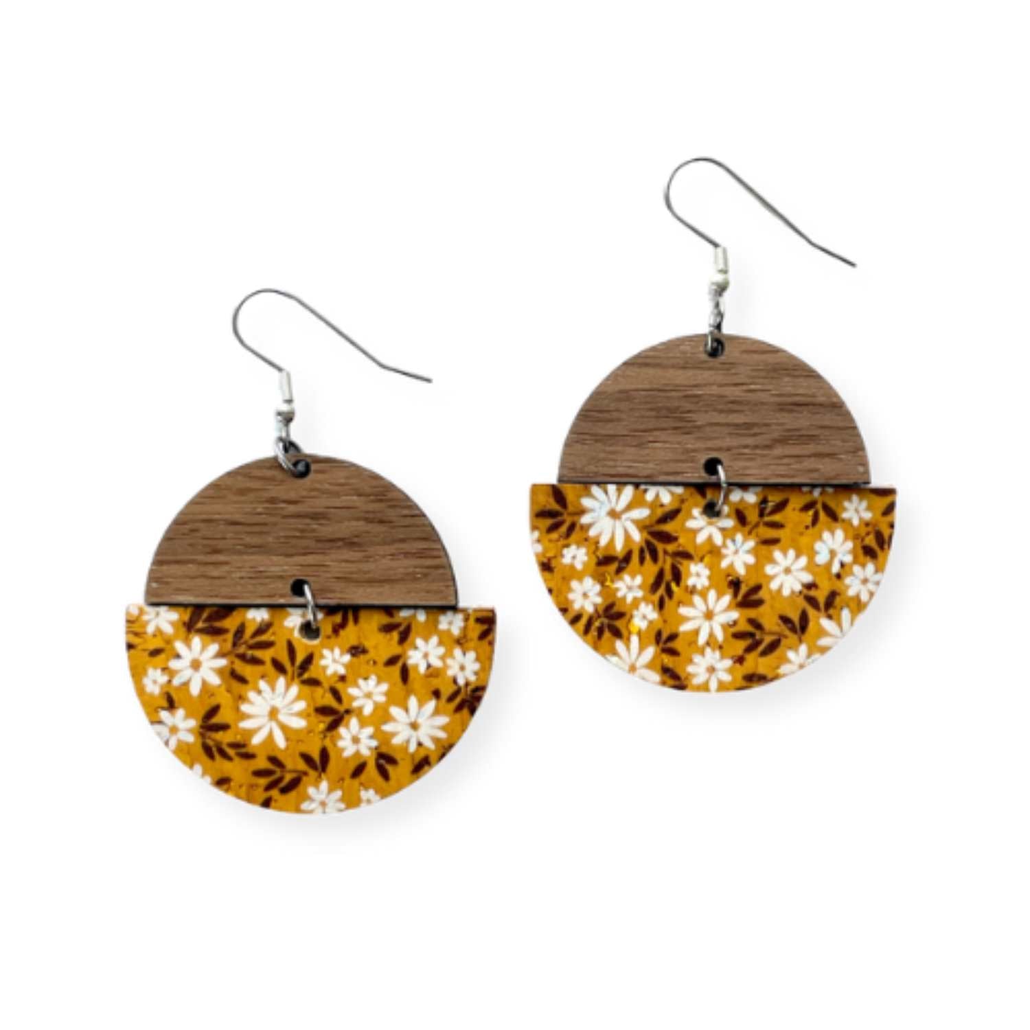 Everly Cork and Wood Handcrafted Round Earrings-Floral Mustard