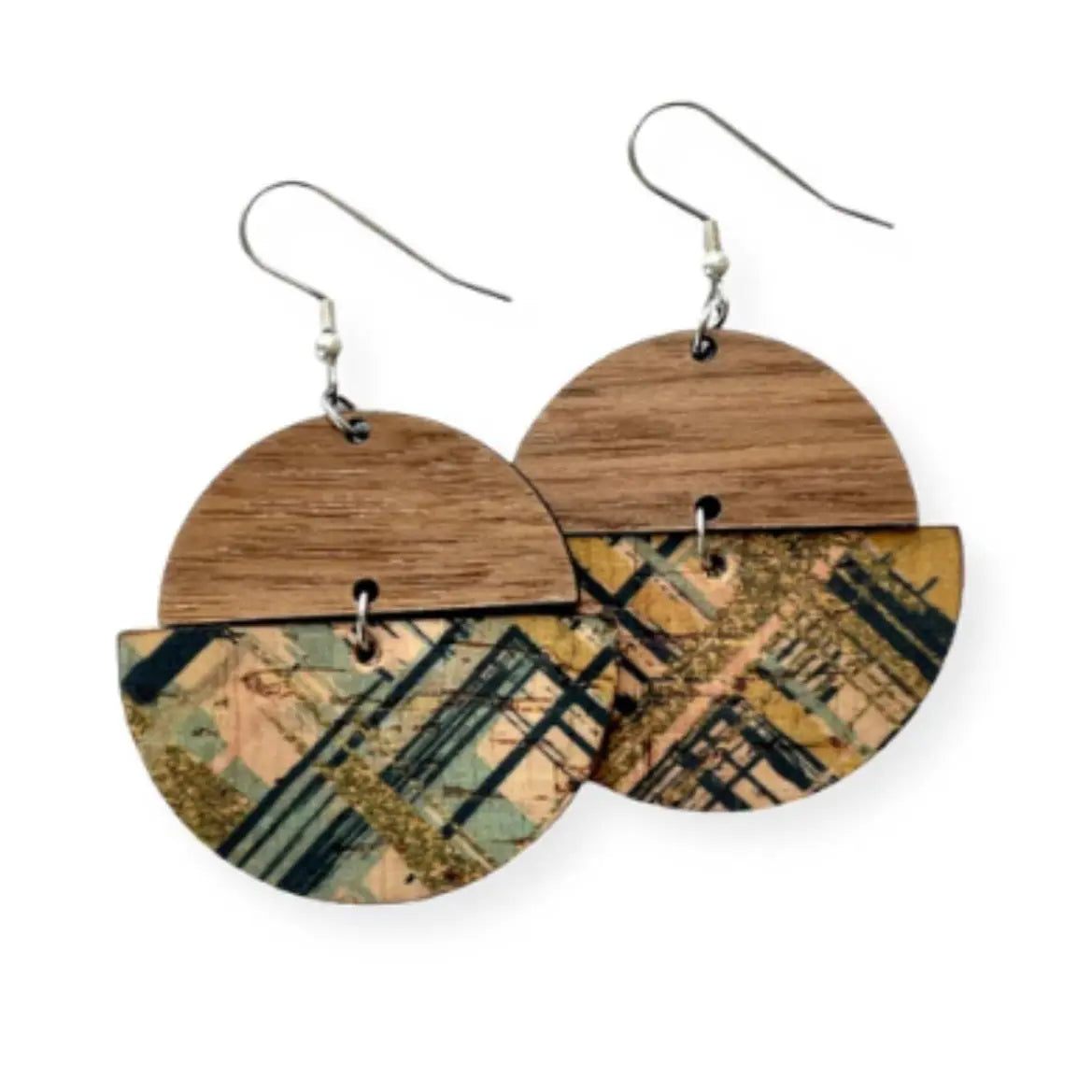 Everly Cork and Wood Handcrafted Round Earrings-Green Weave