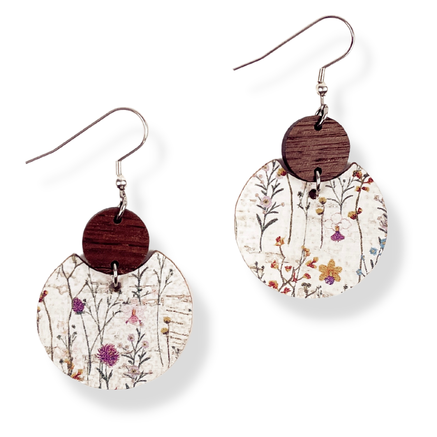 Cora Walnut Wood and Cork Earrings- Wildflowers