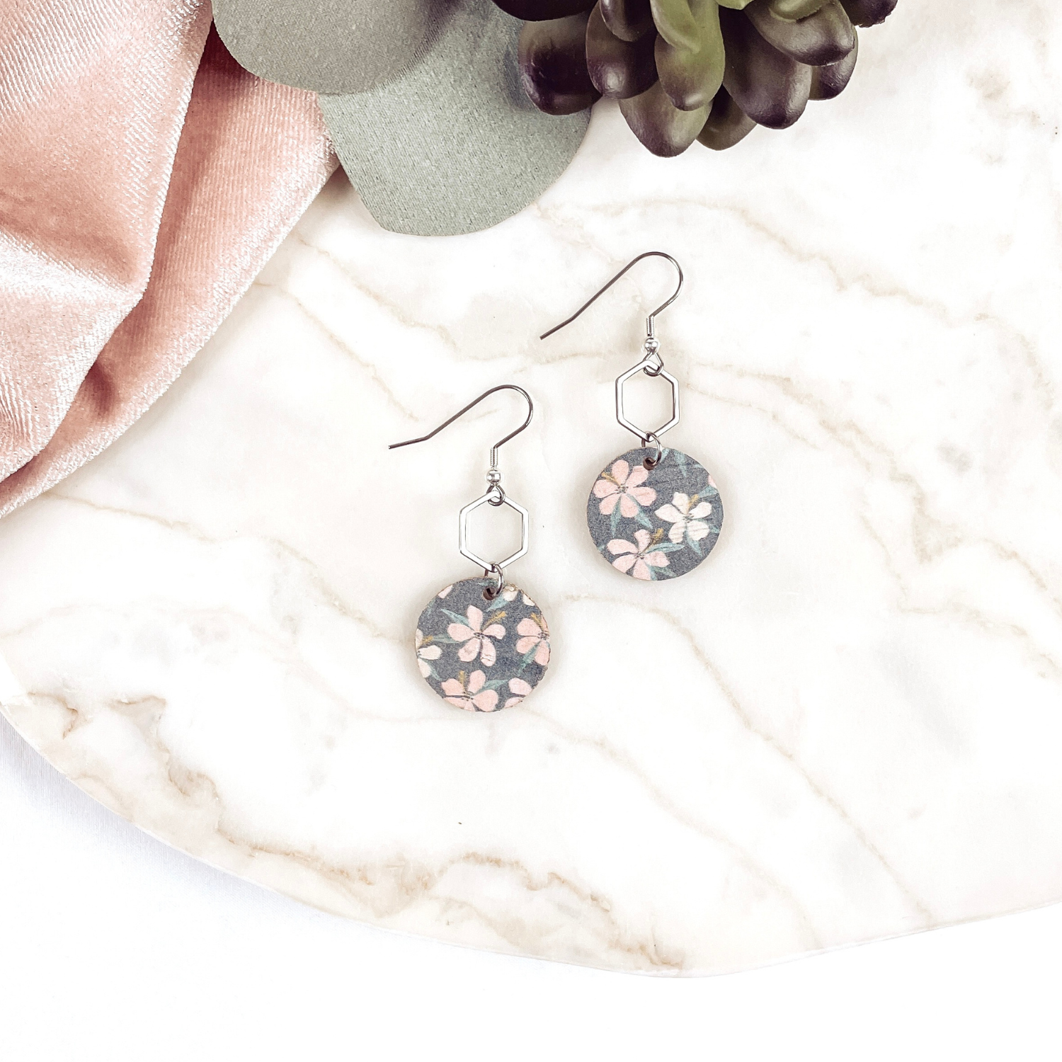 Elizabeth Gold or Silver Hexagon and Cork Earrings- Hibiscus