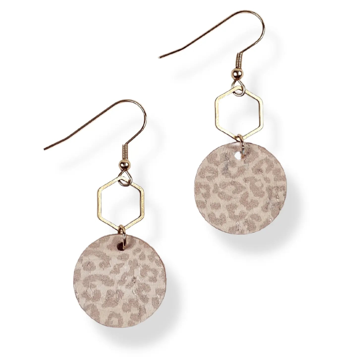 Elizabeth Gold or Silver Hexagon and Cork Earrings- Light Leopard Creek + Elm