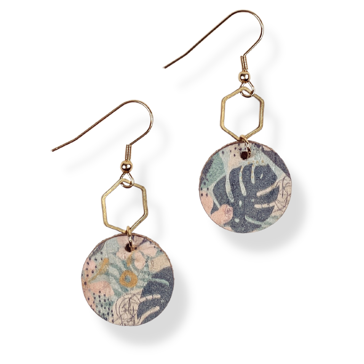 Elizabeth Gold or Silver Hexagon and Cork Earrings- Monstera Leaves