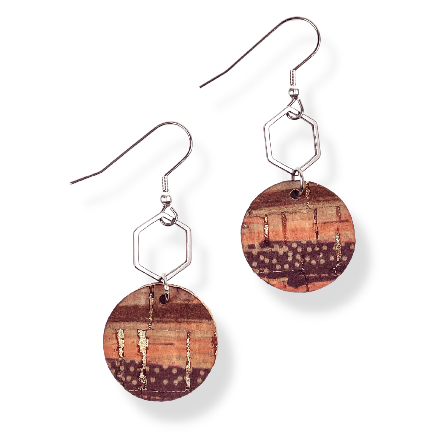 Elizabeth Gold or Silver Hexagon and Cork Earrings- Sunset Stripes