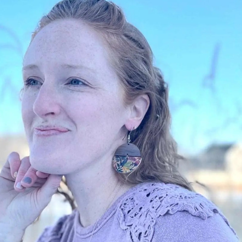 Everly Cork and Wood Handcrafted Round Earrings-Tropical Floral