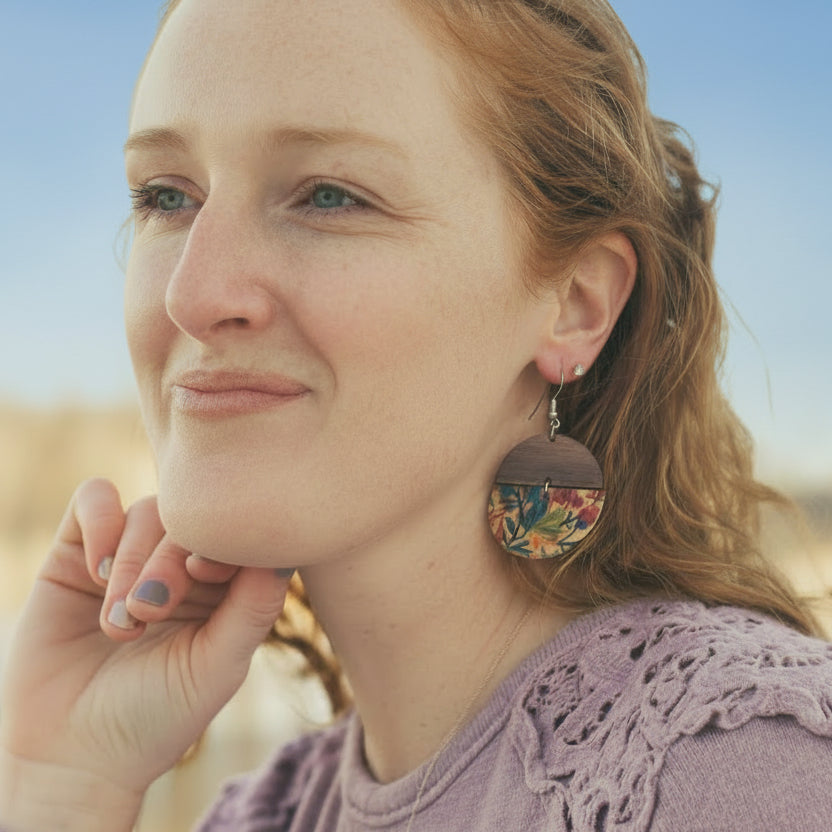 Tropical floral cork and walnut Everly earrings with colorful leaves and flowers
