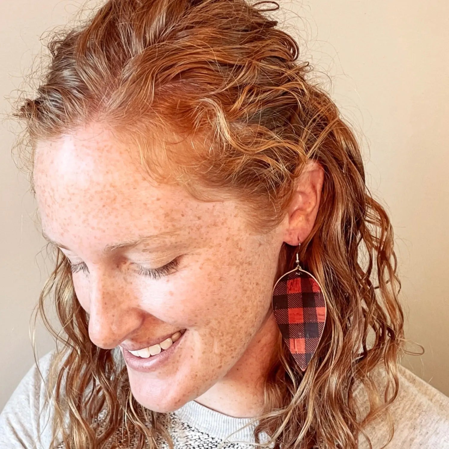 Henley Red Buffalo Plaid Cork Dangly Leaf Earrings Creek + Elm