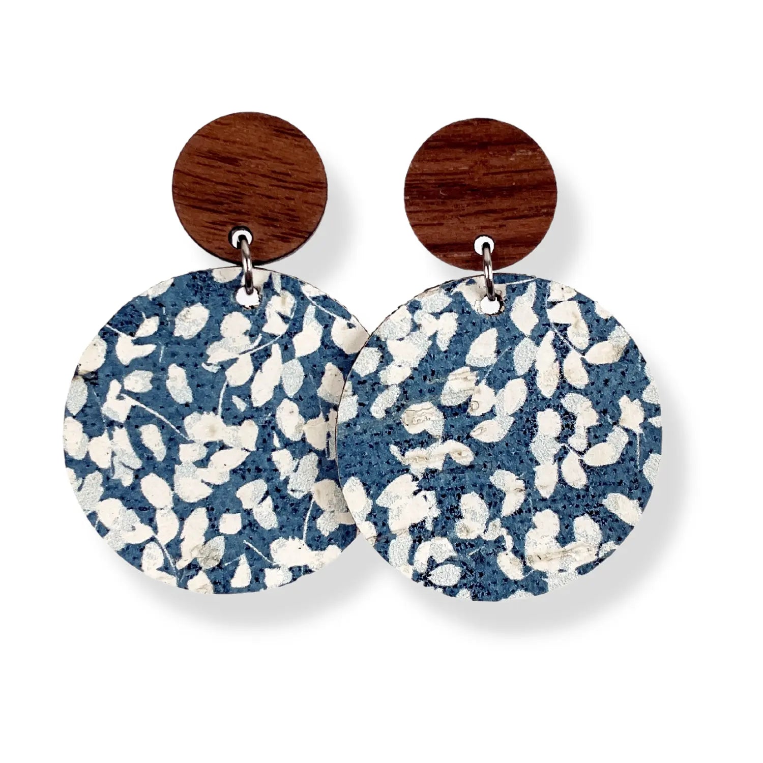 Liyra Cork and Walnut Wood Circle Earrings-Blue Dots Creek + Elm