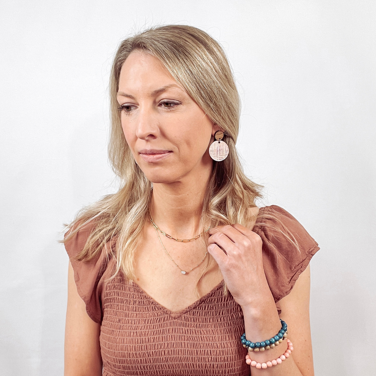 Liyra Cork and Walnut Wood Circle Earrings- Rainbow Pastel
