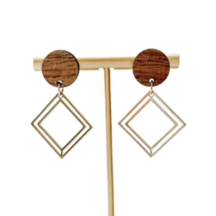 Olive Walnut Wood and Gold Accent Dangly Earrings